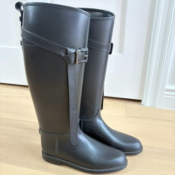 Burberry Roscot Belted Rubber Rain Boots – Black with Leather Trim – IT 39 - Picture 1 of 7